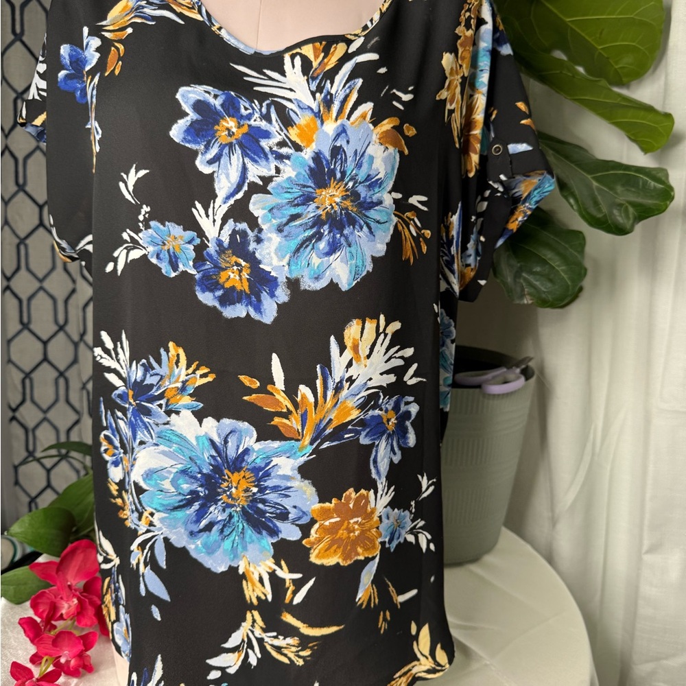 Maurices Black Blouse with Blue and Orange Floral Design